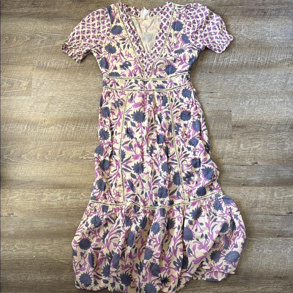dRA Los Angeles Puff Sleeve Midi Dress With Crochet Trim In Ivory / Purple SZ S